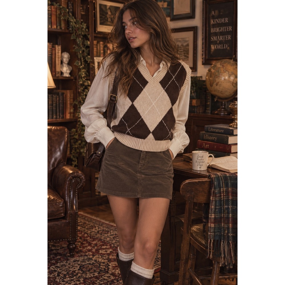 Preppy Argyle Sweater Vest Dark Academia V Neck Knit Cider Small